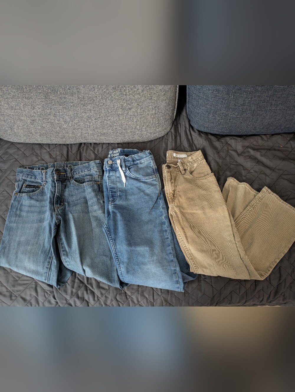 Kids Jeans Trio in Blue Denim and Tan Corduroy